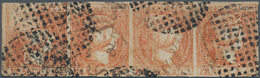 00392 Philippinen: 1854, 5 C. Orange, A Horizontal Strip Of Four, Used Dots In Circle And Pen-writing. One - Filipinas