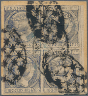 00395 Philippinen: 1854, 1 R. Dark Blue, A Block Of Four On Piece Canc. Parilla With Stars. Amazing Unit. - Philippines