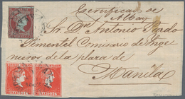 00398 Philippinen: 1856/61, 5 Cuartos Dark Vermilion, Pair And 2 Real Carmine On Bluish Pape Tied "MANILA - Filippine