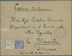 00414 Philippinen: 1898, 3 Cts. Violet And 2 Cts. Blue On Stamps Alfonso XII, Legend And Face Value Sectio - Filipinas