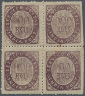 00433 Portugiesisch-Indien: 1873, Type IA, 900 R. Dark Violet, A Block Of Four, 1 Double Impression Of Val - Portugiesisch-Indien