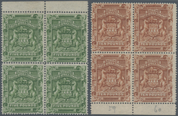 00479 Britische Südafrika-Gesellschaft: 1892, £5 Sage-green And £10 Brown, Two Marginal Blocks Of Four, Un - Zonder Classificatie