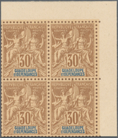 00509 Guadeloupe: 1892, Complete Serie Of Definitives From 1 C To 1 F, In Total 13 Blocks Of 4, Printed On - Lettres & Documents