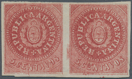 00526 Argentinien: 1864 5c. Deep Carmine, Narrow "C", No Accent, Horizontal Pair, Mounted Mint With Part O - Andere & Zonder Classificatie