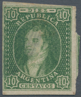 00532 Argentinien: 1864 'Rivadavia' 10c. Green, WATERMARK REVERSED, Imperforated, Clear Impression, Used A - Altri & Non Classificati