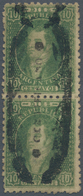 00534 Argentinien: 1864 'Rivadavia' 10c. Yellow-green, Sharp Impression, Vertical Pair Tied By Special Han - Otros & Sin Clasificación