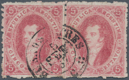 00544 Argentinien: 1867 'Rivadavia' 5c. Carmine, 7th Printing, No Wmk, Perf 11½, Horizontal Pair, Used And - Andere & Zonder Classificatie