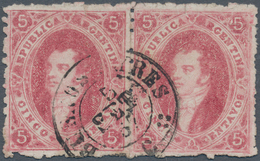 00544 Argentinien: 1867 'Rivadavia' 5c. Carmine, 7th Printing, No Wmk, Perf 11½, Horizontal Pair, Used And - Autres & Non Classés