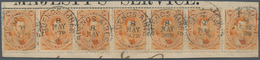 00549 Argentinien: 1873 'C.M. De Alvear' 30c. Orange, Horizontal STRIP OF SEVEN, Tied By Fine Strikes Of " - Otros & Sin Clasificación