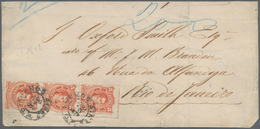 00555 Argentinien: 1876 5c. Vermilion, ROULETTED, VERTICAL STRIP OF THREE Used On Cover From Buenos Aires - Otros & Sin Clasificación