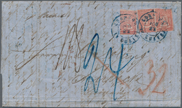 00618 Venezuela: 1859 First Issue 2r. Red, Coarse Impression, Horizontal Pair Plus Single Used On Entire L - Venezuela