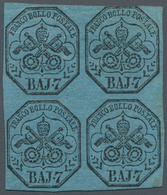 00706 Italien - Altitalienische Staaten: Kirchenstaat: 1852, 7 Baj. Blue, Block Of Four, Mint With Origina - Kirchenstaaten