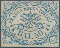 00707 Italien - Altitalienische Staaten: Kirchenstaat: 1852: 50 Baj. Blue Bajocchi, Mint With Partial Gum, - Estados Pontificados