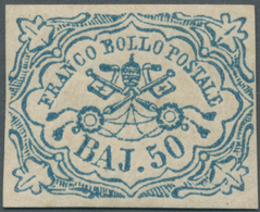 00708 Italien - Altitalienische Staaten: Kirchenstaat: 1852, 50 Baj. Blue, All Sides With Superb Margin, W - Kerkelijke Staten