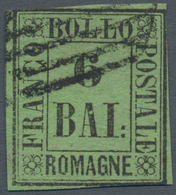 00796 Italien - Altitalienische Staaten: Romagna: 1859, 6 Baj. Black On Green Yellow, Used, Short Margins. - Romagne