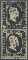 00797 Italien - Altitalienische Staaten: Sardinien: 1851: 5 Cents Black, Vertical Pair, Cancelled By Part - Sardinien