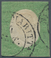 00815 Italien - Altitalienische Staaten: Sardinien: 1854: 5 Cents Green, Cancelled With Double Circle Stam - Sardinia