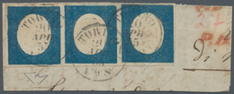 00817 Italien - Altitalienische Staaten: Sardinien: 1854: 20 Cents Blue, Strip Of Three, Cancelled With Cd - Sardinië