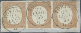 00818 Italien - Altitalienische Staaten: Sardinien: 1854: 40 Cents Brick Red, Strip Of Three On A Small Pi - Sardegna