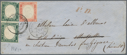 00824 Italien - Altitalienische Staaten: Sardinien: 1855/57: 5 Cents Green Myrtle, Vertical Pair, With 40 - Sardaigne