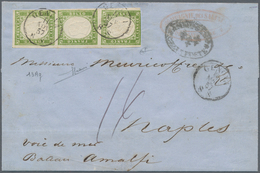 00825 Italien - Altitalienische Staaten: Sardinien: 1857, 5 Cents. Green Olive Yellow, Vertical Strip Of T - Sardaigne