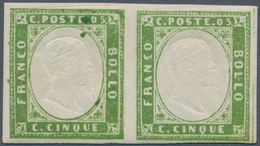00827 Italien - Altitalienische Staaten: Sardinien: 1855, 5 Cents, Horizontal Pair, Bright Yellow Green, M - Sardinia