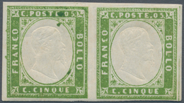 00827 Italien - Altitalienische Staaten: Sardinien: 1855, 5 Cents, Horizontal Pair, Bright Yellow Green, M - Sardinien