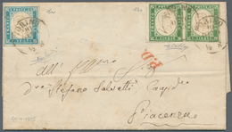 00829 Italien - Altitalienische Staaten: Sardinien: 1855: 5 Cents, Pea Green, Horizontal Pair And 20 Cents - Sardinia