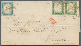 00829 Italien - Altitalienische Staaten: Sardinien: 1855: 5 Cents, Pea Green, Horizontal Pair And 20 Cents - Sardinië