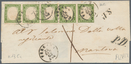 00830 Italien - Altitalienische Staaten: Sardinien: 1855: 5 Cents Yellowish Olive Green, Strip Of Five, On - Sardinien