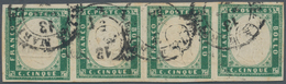 00831 Italien - Altitalienische Staaten: Sardinien: 1855: 5 C Emerald Green, Horizontal Strip Of Four, Can - Sardinien