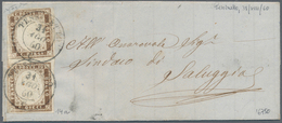 00836 Italien - Altitalienische Staaten: Sardinien: 1858, 10 Cents Umbra, 2x On A Small Letter Dated 31 Au - Sardaigne