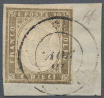 00840 Italien - Altitalienische Staaten: Sardinien: 1858, 10 Cents, Light Olive Gray, INVERTED CENTER, Tie - Sardinië