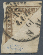 00841 Italien - Altitalienische Staaten: Sardinien: 1861, 10 Cents Dark Brown, Diagonally BISECT On A Smal - Sardinia
