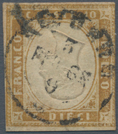 00842 Italien - Altitalienische Staaten: Sardinien: 1862, 10 Cents. Bistre Olive With INVERTED CENTER, Use - Sardinien