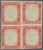 00851 Italien - Altitalienische Staaten: Sardinien: 1855, 40 Cents Ruby Red, Print Of 1855, Block Of Four, - Sardinië