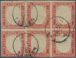 00852 Italien - Altitalienische Staaten: Sardinien: 1857, 40 Cents. Red Scarlet, Block Of Six, Cancelled " - Sardinien