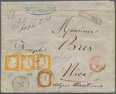 00859 Italien - Altitalienische Staaten: Sardinien: 1863: Strip Of Three Stamps Of 80 Orange Cents And A S - Sardinien