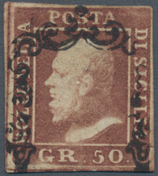 00871 Italien - Altitalienische Staaten: Sizilien: 1859: 50 Grana Brown Lacquer, Cancelled With A "horsesh - Sizilien