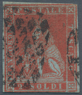 00877 Italien - Altitalienische Staaten: Toscana: 1851, 2 Soldi Scarlet On Light Blue Paper, Used; With Ra - Toscane