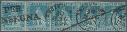 00882 Italien - Altitalienische Staaten: Toscana: 1851: 2 Crazie Light Blue, Strip Of Five, Used, Signed A - Toscana