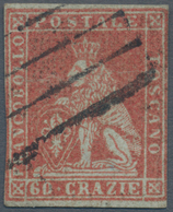 00900 Italien - Altitalienische Staaten: Toscana: 1852: 60 Crazie Scarlet On Greyish Paper, Cut Into At Th - Toscane