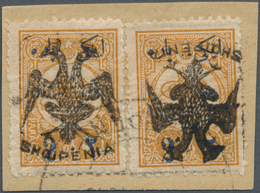 01104 Albanien: 1913, Double Headed Eagle Overprints, 2pa. On 5pa. Ocre, Two Copies Of Fresh Colour And We - Albanien