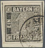01148 Bayern - Marken Und Briefe: 1849, Schwarzer Einser 1 Kr. Schwarz, Platte 1 Auf Briefstück Mit K2 "AU - Otros & Sin Clasificación