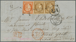 01437 Frankreich: 1852 (7 Aug) Folded Letter From Paris To New York, Franked With Pair Of 10c Bistre (marg - Used Stamps