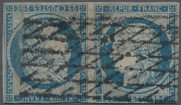 01443 Frankreich: 1850, 25 C Blue, Tete-beche Pair, Open Grill Cancellation, Two Horizontal Margins Touche - Gebruikt