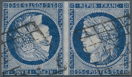 01444 Frankreich: 1849 Ceres 25c. Blue Horizontal TÊTE-BÊCHE Pair, Used And Cancelled By Black Grille, Wit - Used Stamps