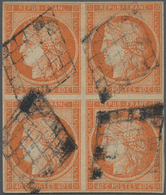 01445 Frankreich: 1850, Ceres 40c. Orange, BLOCK OF FOUR (some Thin Spots/repairs), Bright Colour, Each St - Used Stamps