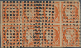 01446 Frankreich: 1850, 40 C Orange Vermilion On Yellowish, Type I, Used Block Of Eight, Wide Margins All - Usados