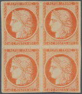 01447 Frankreich: 1850, 40 C Orange On Yellowish, Type I, Unused Block Of Four Showing The "defective Impr - Gebraucht